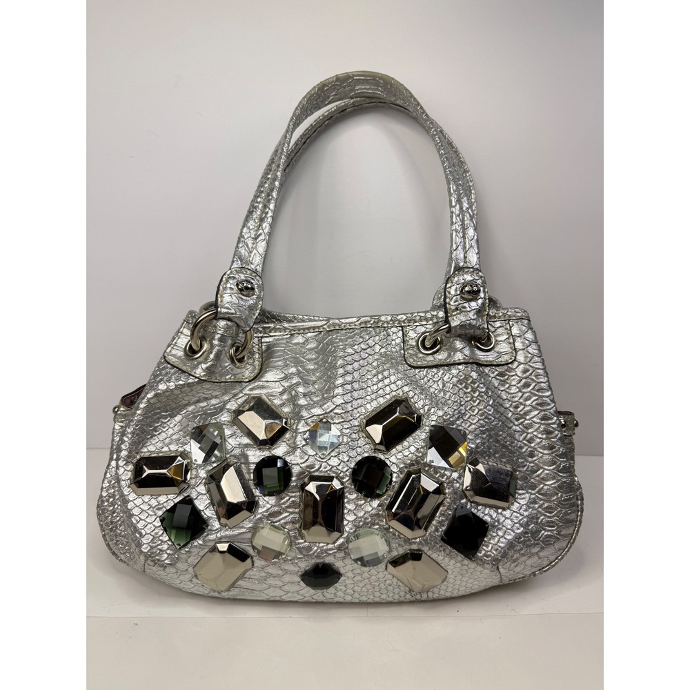 VTG Kathy Van Zeeland Silver Snakeskin Embossed Gemstone Shoulder Bag Y2K